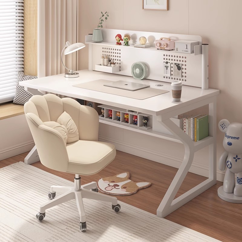 白色带书架书桌家用简约现代学生电脑桌卧室简易书房工作台办公桌