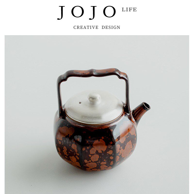 JOJOS L. PDPalm描银苏子八方提梁壶陶瓷单壶茶壶带过滤丨栗棕