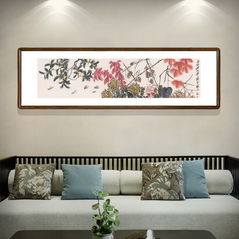 齐白石繁花似锦国画客厅背景墙装饰画书房卧室挂画办公室横版壁画