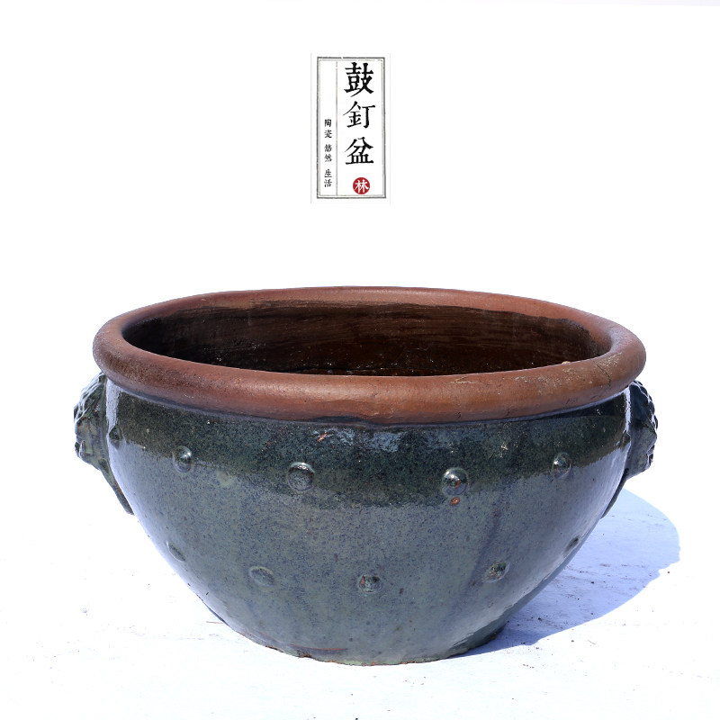宜兴田园落地摆件陶器瓶 鼓钉盆鱼缸 园林摆设 窑变釉面陶瓷花盆