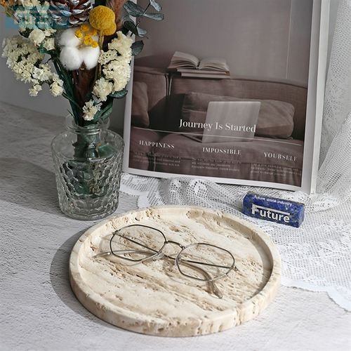复古Wabi-Sabi风格自然白色石灰华大理石圆形托盘浴室咖啡桌装饰