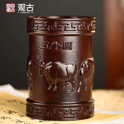 黑檀木雕五牛笔筒工艺品办公室书桌家居客厅木质中式笔筒摆件送礼