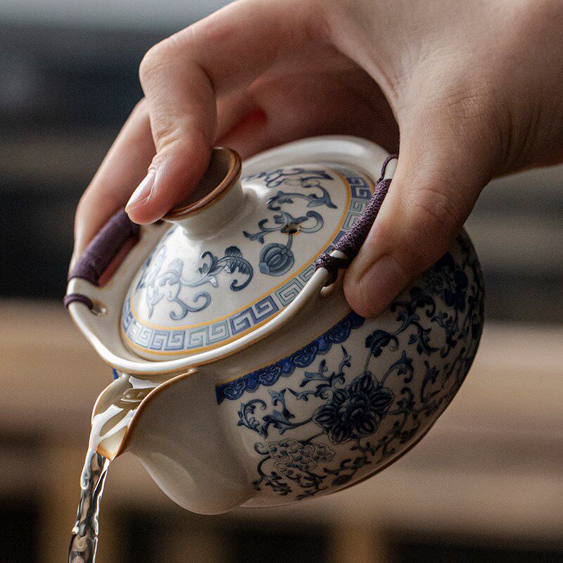 米黄汝窑带盖手抓壶单个家用泡茶青花珐琅彩高档茶杯陶瓷功夫茶具
