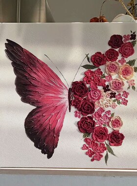 手工玫瑰蝴蝶肌理画diy材料全套高级感数字油画填色装饰画石英砂