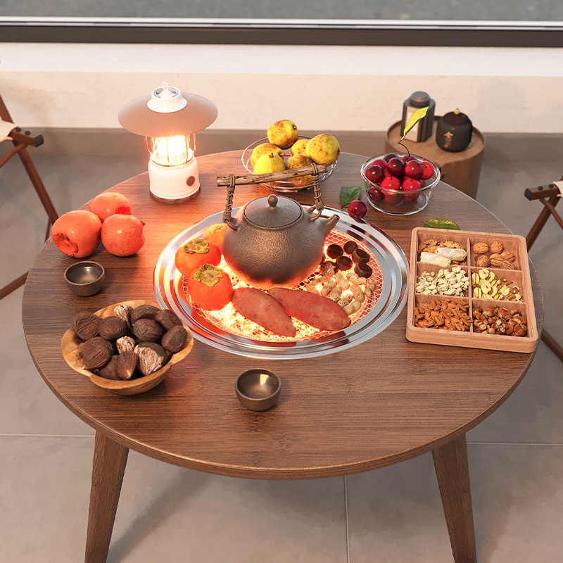 室内围炉煮茶烤火炉桌子庭院小圆桌楠竹电围炉烧烤碳炉阳台小茶几