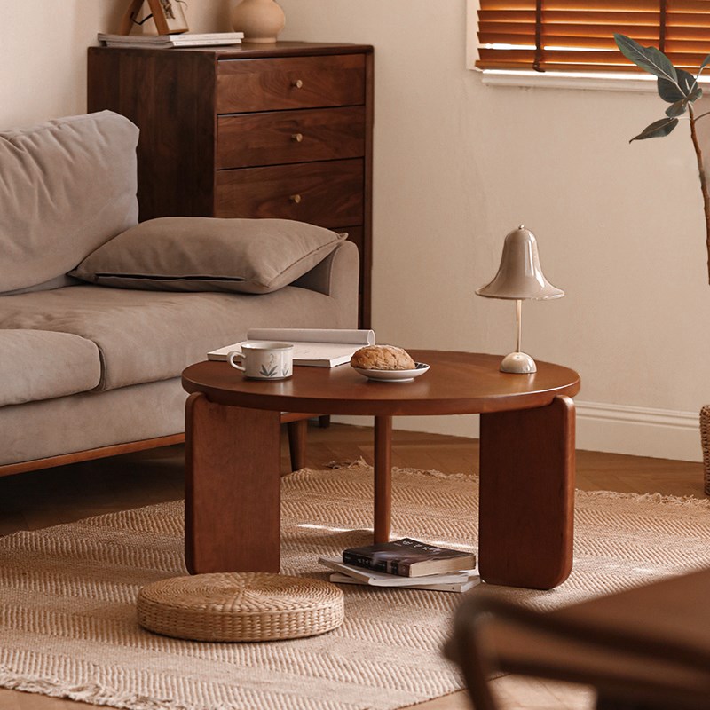 愫墨定制北美樱桃木柚木色黑色中古茶几实木原木客厅圆圆桌矮桌