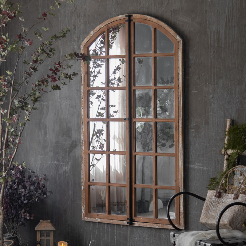 法式乡村复古做旧装饰镜铁艺壁挂餐厅壁饰假窗户镜子欧式工业风