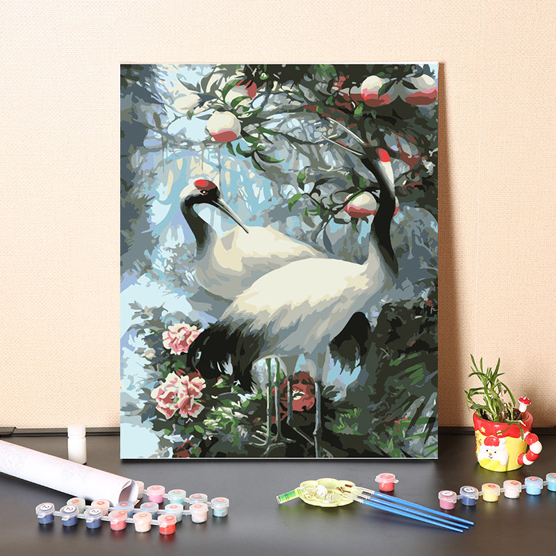 数字油画diy手工填充吉祥长寿白鹤涂色手绘填色客厅装饰油彩画画