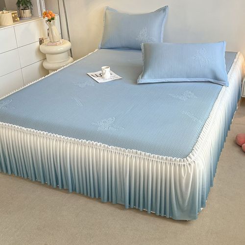 a类冰豆豆凉席床裙款三件套夏季冰丝席可机洗空调软席子防滑蓝色