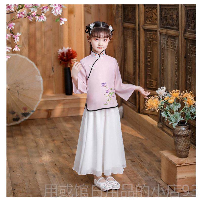 正品女童汉服装梅仙女服女孩花刺绣中国古风装民国风旗袍唐古筝演