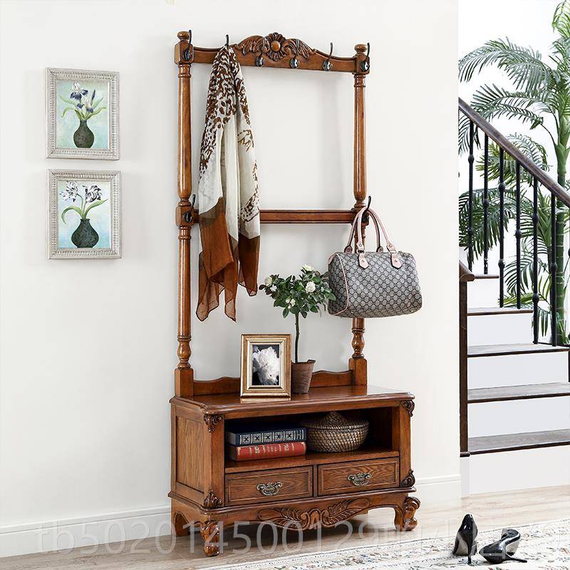 高档美式实木架落地卧室进门换鞋凳架衣帽带鞋欧柜一体式挂衣架门