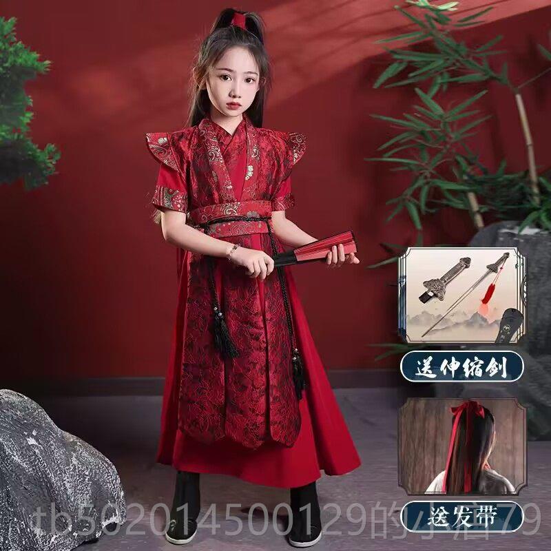 高档古女童花木兰汉服秋春风古装走秀武气侠演出服红色儿童霸服装图片