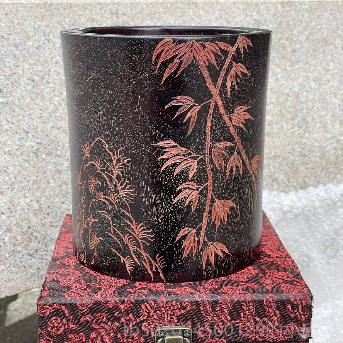 高档小叶紫檀笔筒礼物送雕刻办公桌面创意摆纳件实复古收盒木红礼
