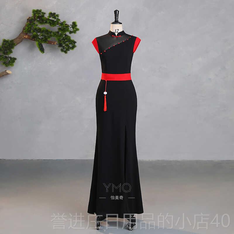 正品走秀5旗袍022款中式黑色弹力免新烫形体礼仪模特团体t台表演