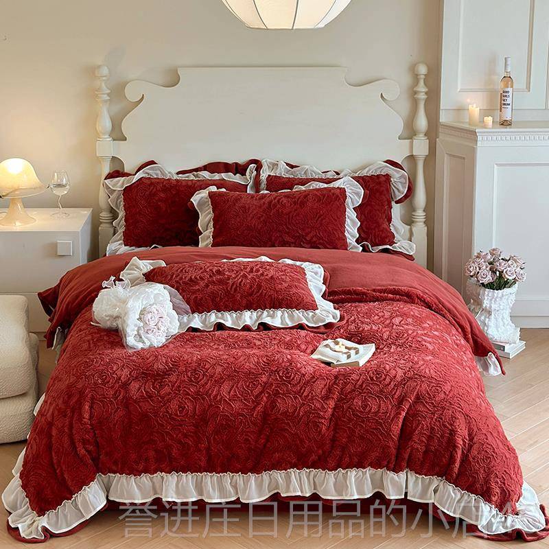正品式兔韩绒兔酒红结婚四套件保暖冬季轻奢牛奶绒被套珊瑚绒陪嫁