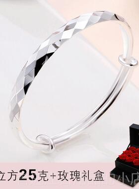 正品时尚手镯女999银轻年款简约手镯母亲银节礼物实心银镯子送妈