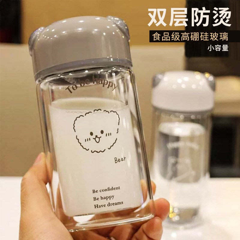 可爱卡通双层防烫玻璃杯高硼硅女带盖加厚水杯隔热耐高温学生杯子