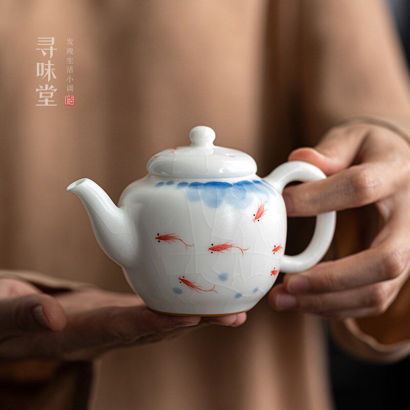 白玉汝窑手绘茶壶高档单壶手工家用泡茶壶中式开片陶瓷功夫茶具