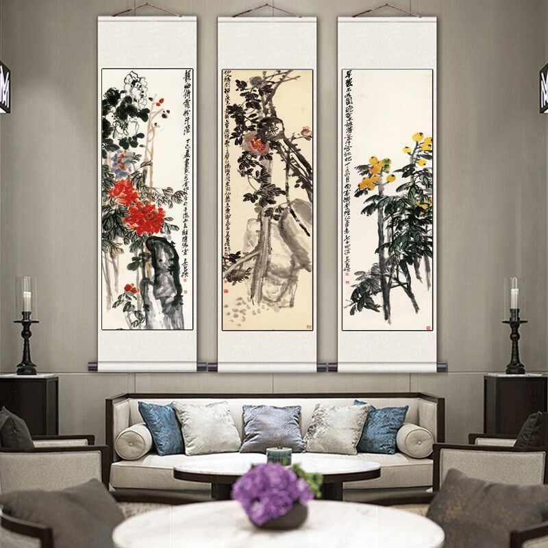 吴昌硕花鸟挂画石榴琵琶松树细长家居装饰画梅兰竹菊茶楼壁画名家