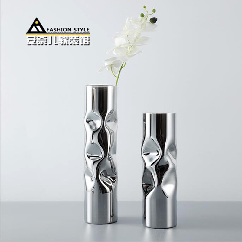 现代简约曲面银色玻璃花瓶家居客厅餐桌插花器样板房装饰摆件