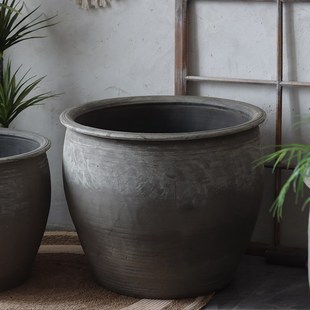 侘寂风灰色陶缸复古老式陶缸养鱼养睡莲花园造景园林装饰手工透气