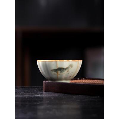 青玉汝窑描金茶间趣事主人杯中式茶盏汝瓷花瓣杯茶杯复古单品茗杯