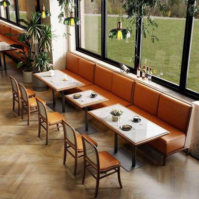 实木卡座沙发桌椅组合咖啡厅茶餐厅湘菜馆火锅店靠墙实木桌椅沙发