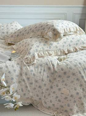 全棉双层纱复古蓝色小碎花四件套透气柔软皱皱纱韩式花边床品套件