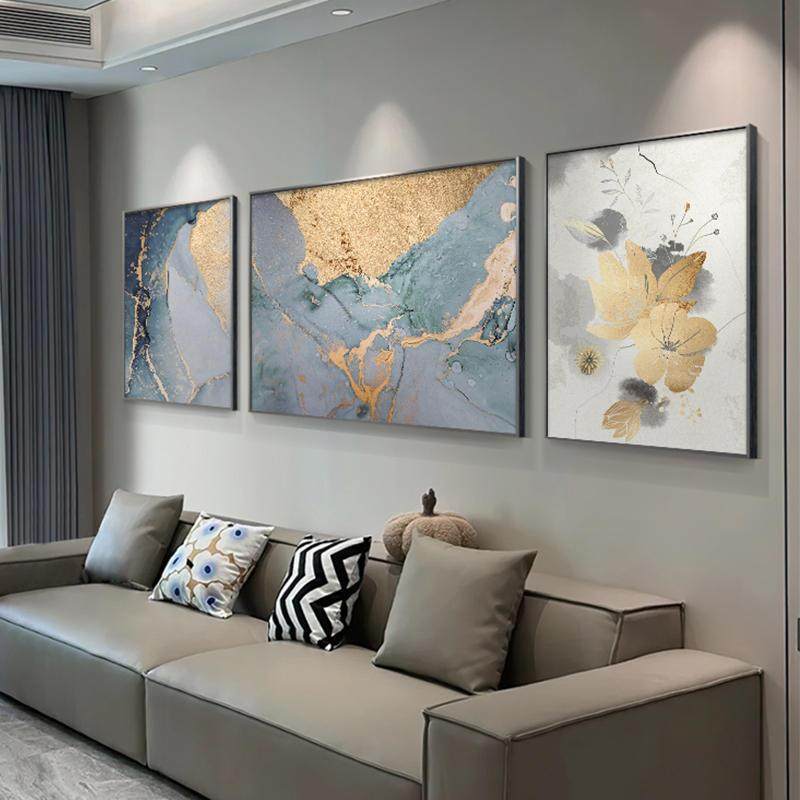 油画风客厅装饰画手绘三联横幅现代简约高级抽象挂画沙发背景壁画