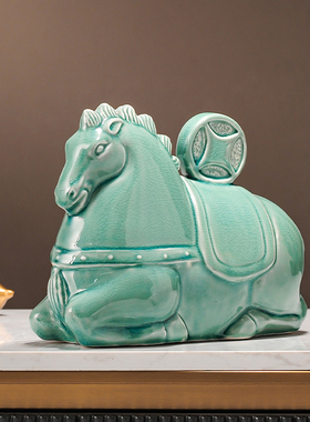 新中式裂纹釉马上有钱陶瓷摆件