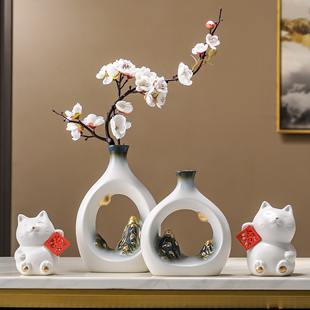 新中式客厅新年装饰陶瓷摆件手工金山银山玄关书房办公室花瓶