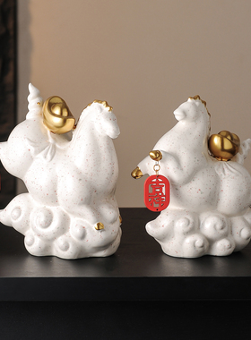 新中式陶瓷吉祥如意马上有钱摆件