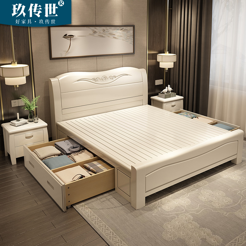 白色实木床1.8米中式双人床 现代简约风格橡胶木1.5m单人主卧婚床