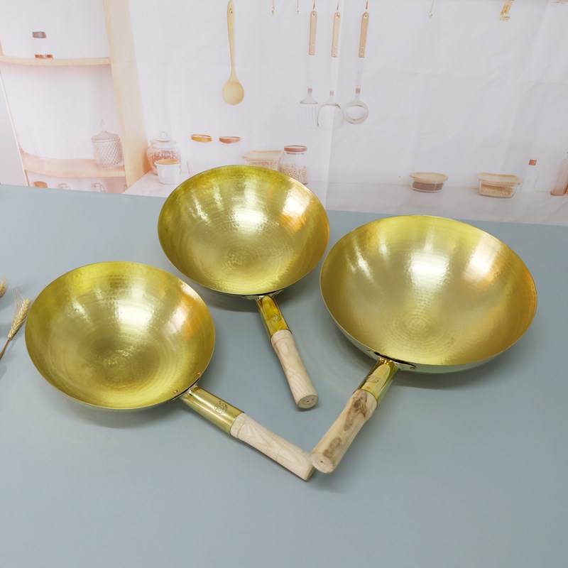 巴轮贝手工锤打纯黄铜炒锅家用铜锅爆炒圆底锅无涂层单柄商用无盖