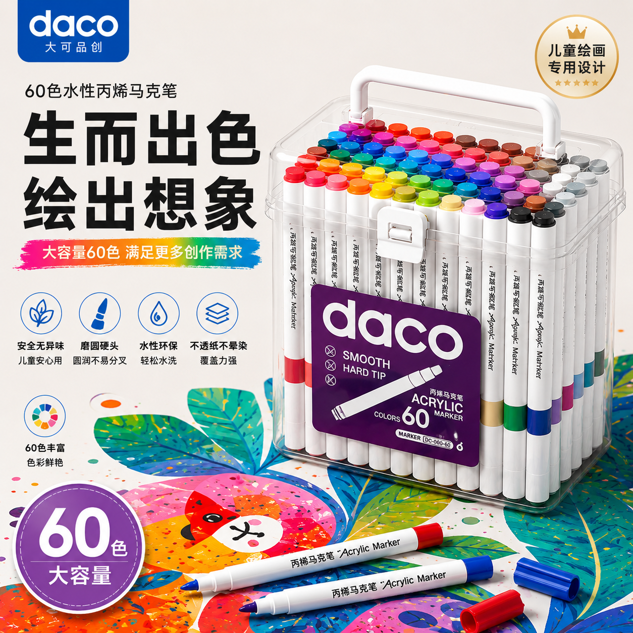 大可品创马克笔60色小学生儿童美术专用可水洗小学生食品级水性硬头彩色丙烯水彩笔绘画套装48色60色马克笔