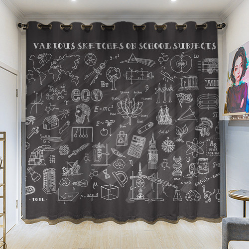 数学公式物理方程教学定制粗麻长帘个性卧室教室挂钩遮光打孔窗帘