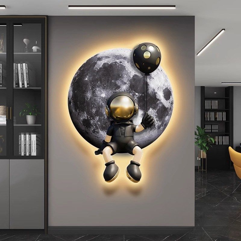 玄关装饰画LED灯画宇航员儿童房挂画月球发光壁灯男孩女孩卡通画