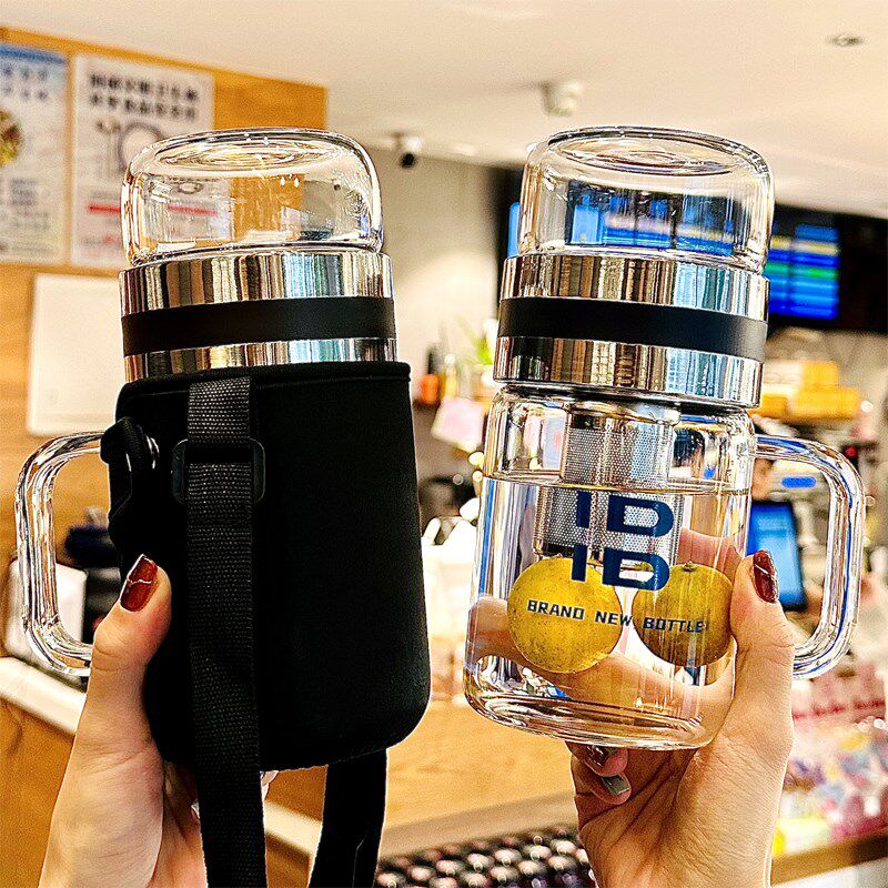 茶水分离泡茶杯子男士高硼硅玻璃杯耐高温带把手带盖喝水杯办公室