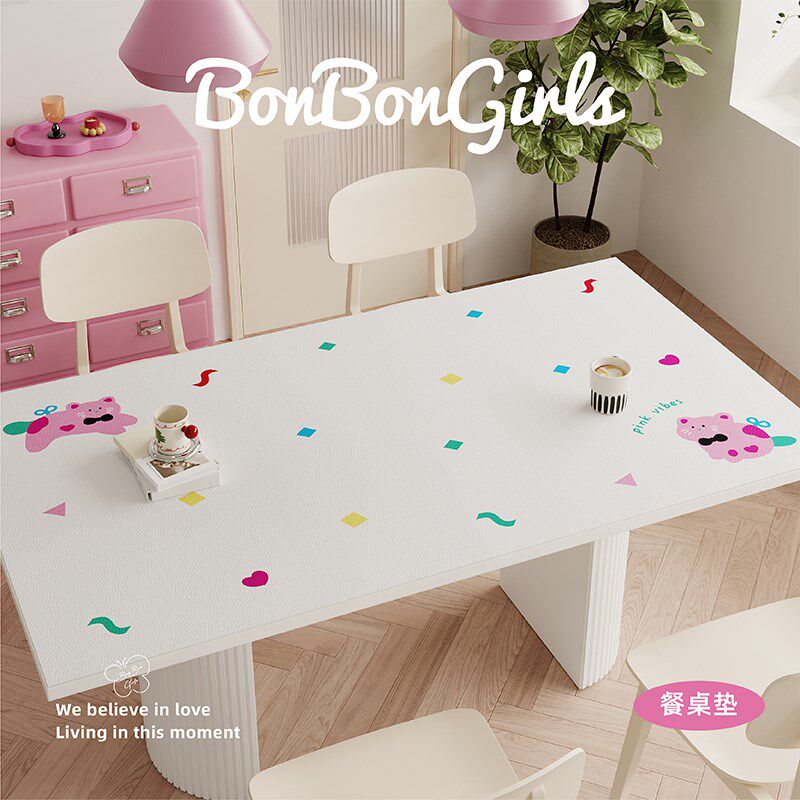 粉色卡通波点猫餐桌垫皮革防水防油免洗高级感茶几桌布办公书桌垫