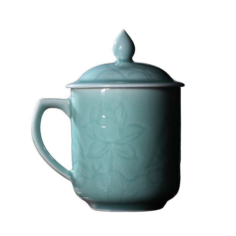 龙泉青瓷办公杯茶杯荷花陶瓷杯子带盖水杯酒店会议室泡茶大号杯子