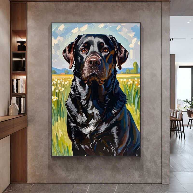 拉布拉多犬黑白狗狗油画风客厅装饰画卧室宠物店墙面玄关走廊挂画