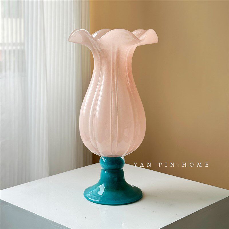 中古风琉璃花瓶法式高级感玄关斗柜艺术花器客厅软装玻璃高脚摆件