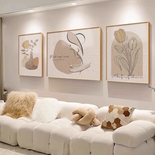 奶油原木风客厅装饰画线条人物抽象艺术画高级新款沙发背景墙挂画
