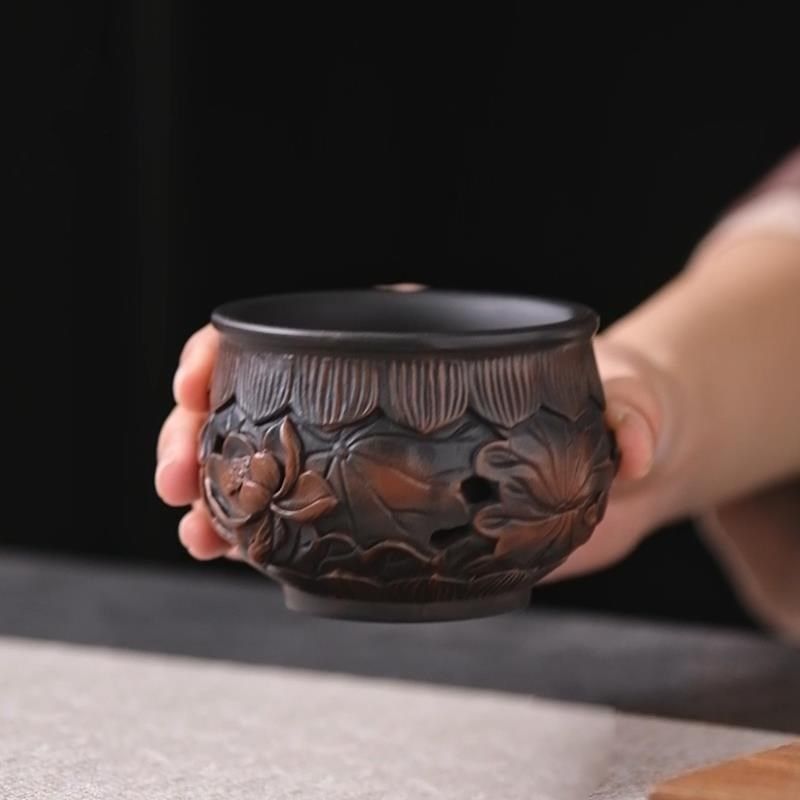 云南紫陶满雕荷花双层镂空主人杯陶瓷单杯茶杯个人杯无釉功夫茶具