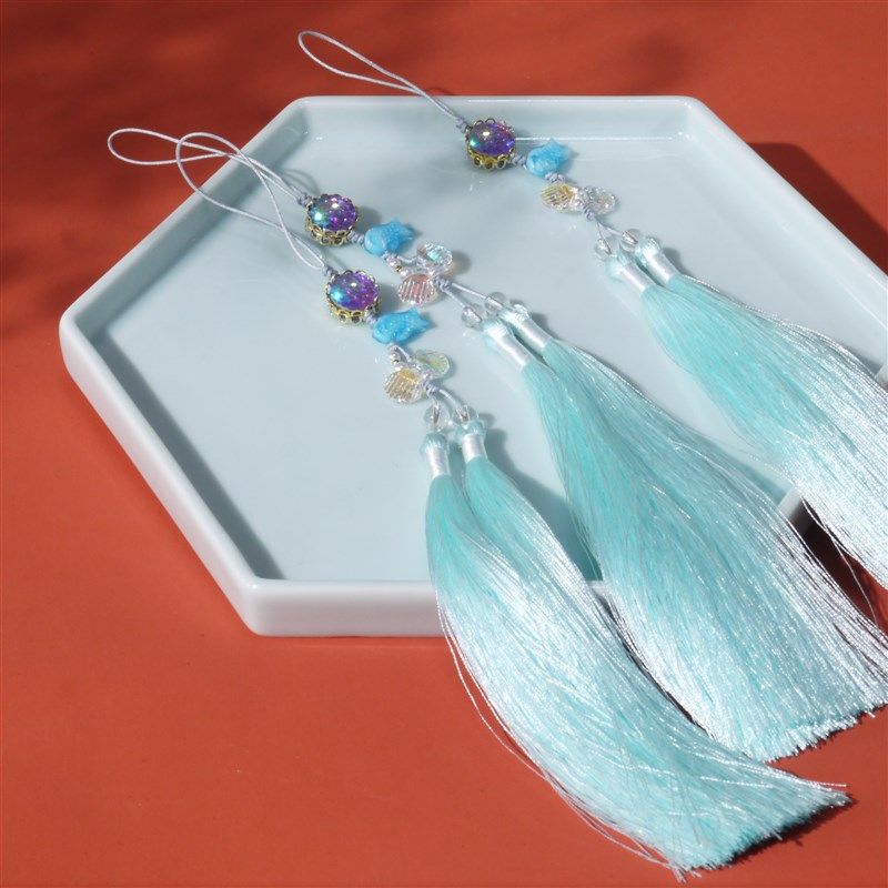 【海生馆】浅蓝中长双流苏 汉服挂饰包挂压襟扇坠灯笼宫灯穗 15cm,特色手工艺,中国结,淘宝优惠券,粉丝福利购,淘宝优惠卷