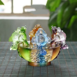 琉璃四方纳财招财聚财金蟾聚宝盆客厅办公室店铺开业摆件工艺品