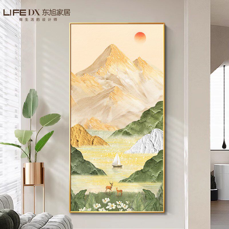 日照金山玄关装饰画入户正对门客厅走廊过道挂画手绘油画山水壁画