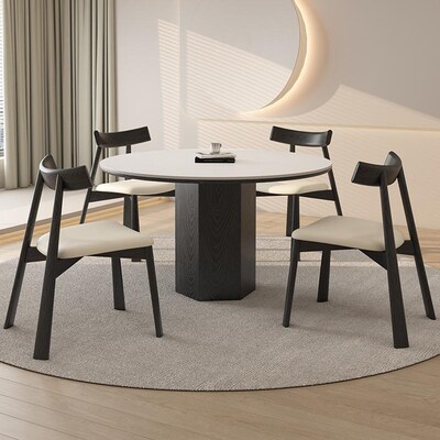 德利丰实木岩板餐桌圆桌家用黑色奶油中古风高级感小户型全托饭桌