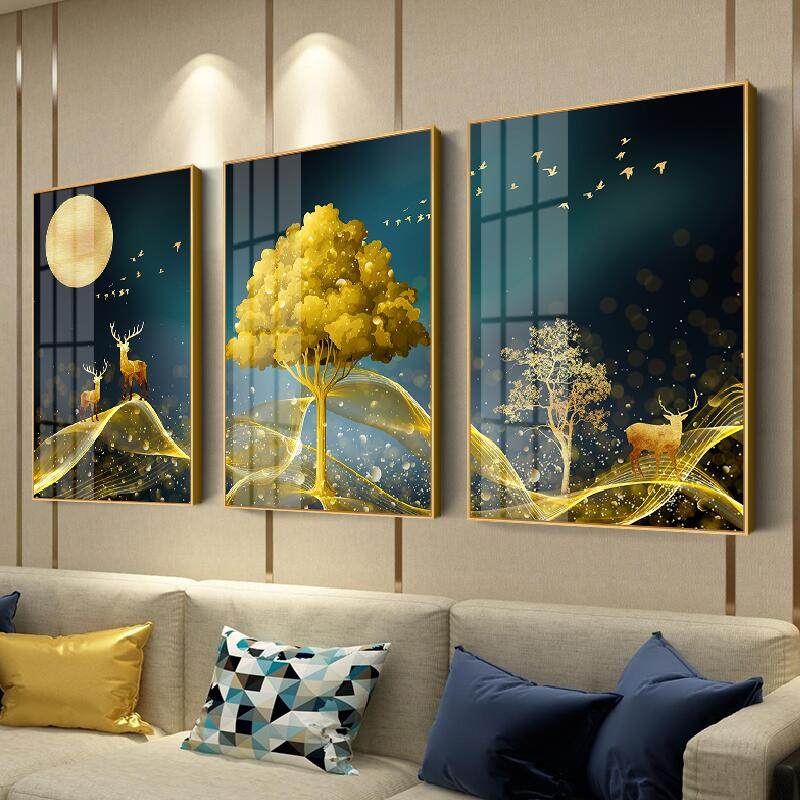 客厅装饰画冰晶玻璃画三联挂画现代简约沙发背景墙壁画金属有框画