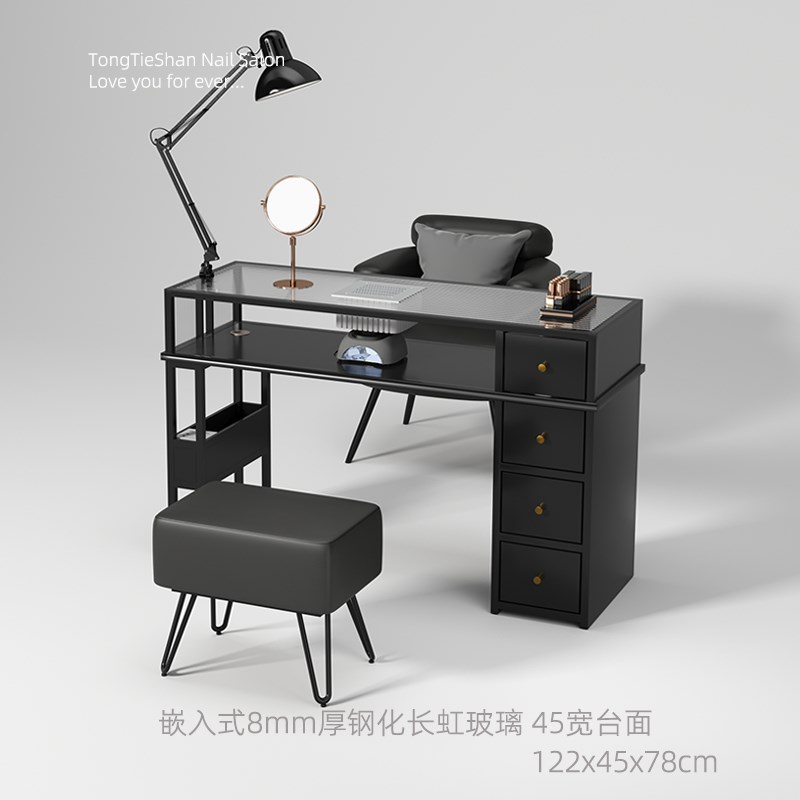 童铁山45宽美甲桌玻璃大台面修甲台奶油风简约美甲店专用桌椅套装